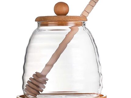 Glass Honey Jar with Bamboo Lid and Wooden Dipper